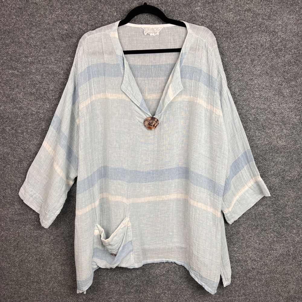 Stella Moda Linen Italy Tunic Top Womens Blue White‎ Striped Boho Button Detail
